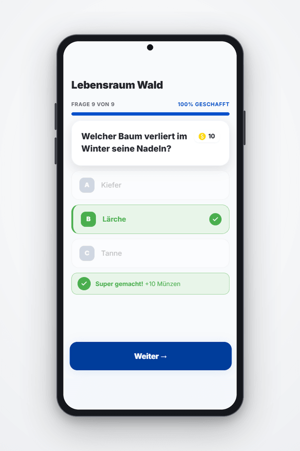 Kid-App-Screenshot mit Multiple-Choice-Frage zu Waldtieren